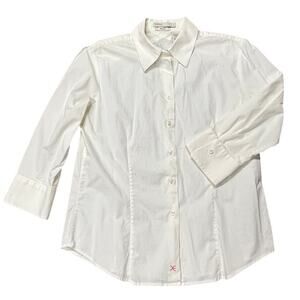 Perry Ellis Womens Button Down Blouse Shirt Top 3/4 Sleeve Classic White Size 10